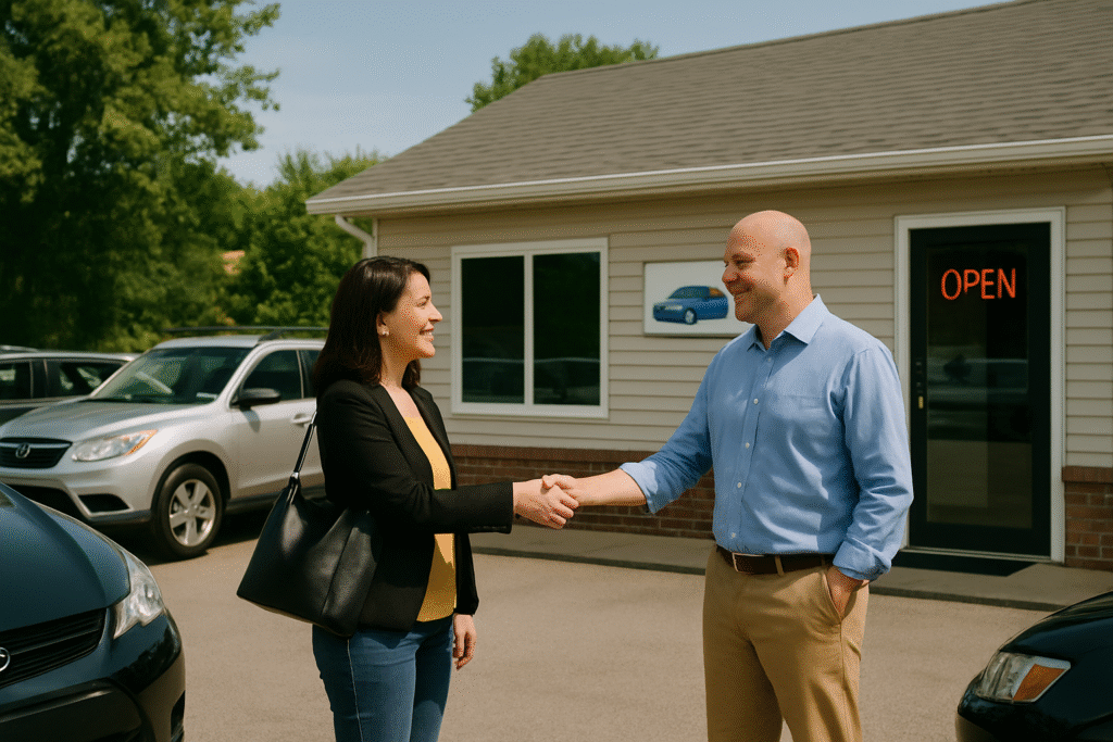 A woman shaking hands with a car dealer