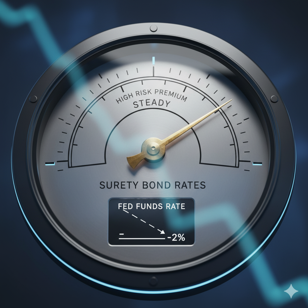Barometer gauge showing surety bond rates steady despite lower Federal Reserve funds rate, symbolizing risk premiums holding firm in the market.