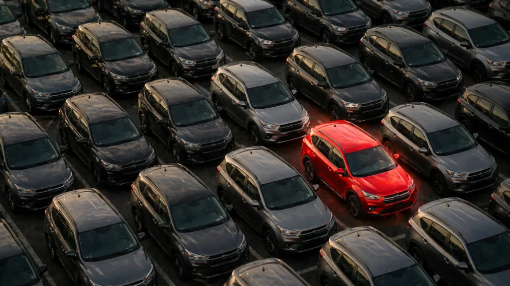 Aerial view of a dealer lot full of aging used-car inventory, one red SUV standing out among the rest