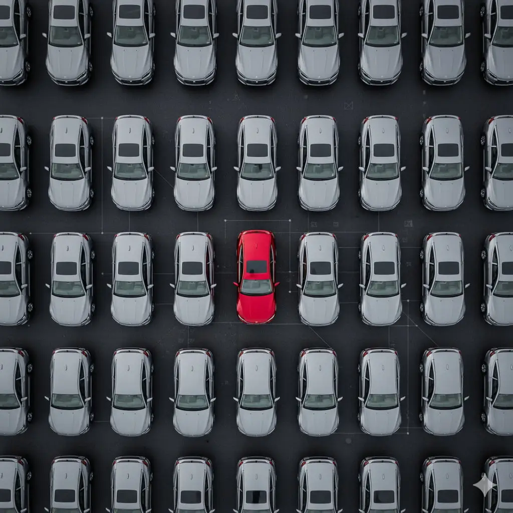 Texas dealership lot with rows of used vehicles, representing rising inventory volume and aging risk in the Texas market.