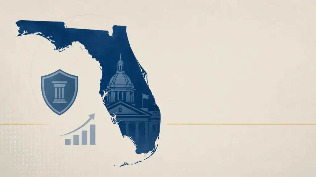 Florida state outline with shield and capitol icons representing 2026 insurance and bond rule updates