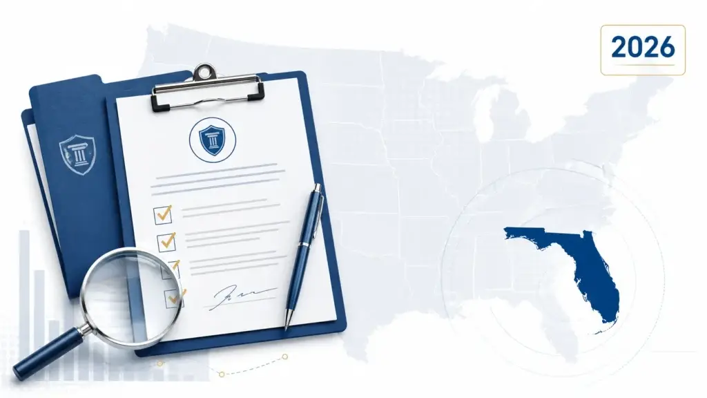 Claims file and magnifying glass over US map with Florida highlighted for 2026 public adjuster bond update