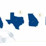 Florida, Texas, Georgia, and Ohio state outlines with 2026 used car dealer bond amounts